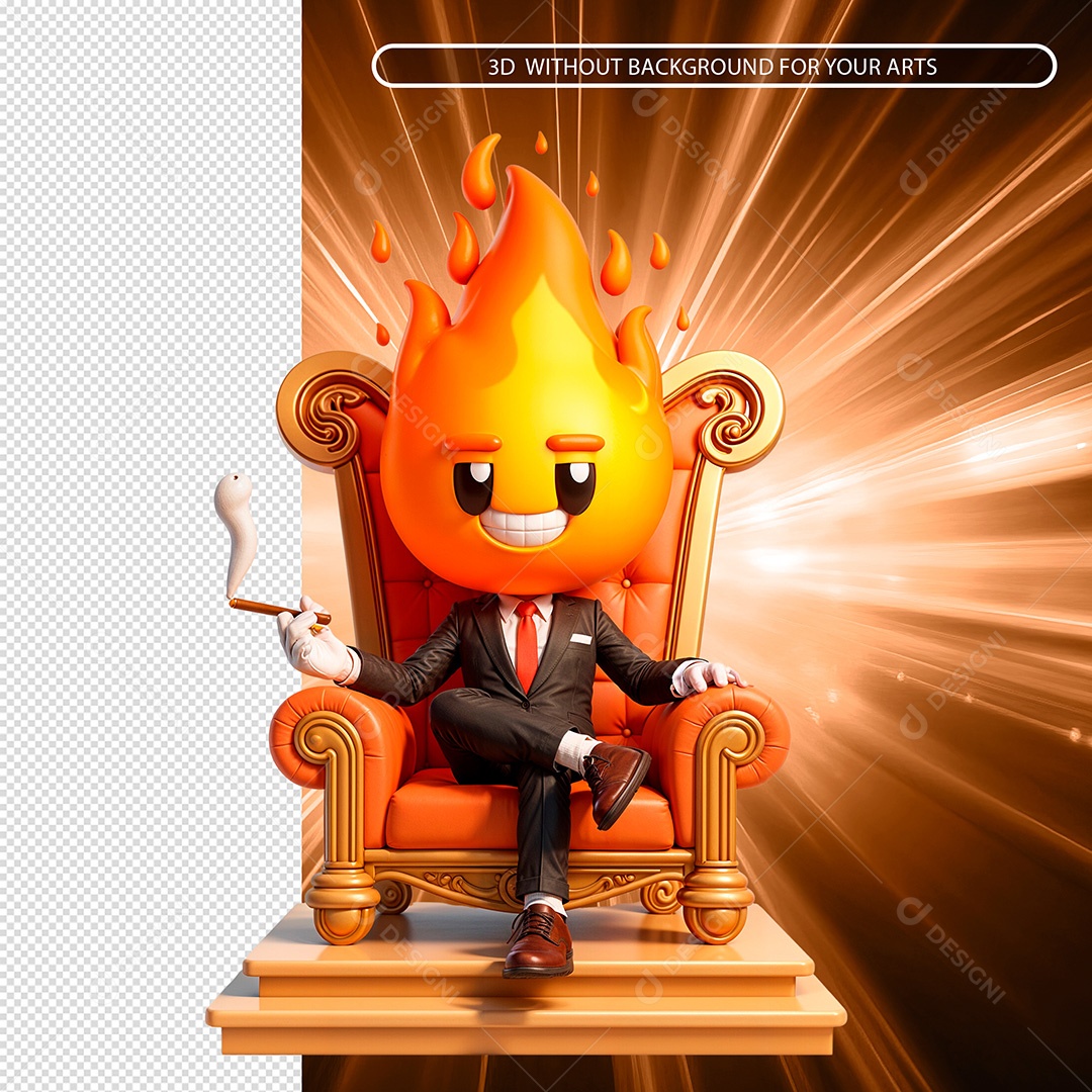 Personagem  de Fogo Sentado em Trono Elemento 3D Composição PSD