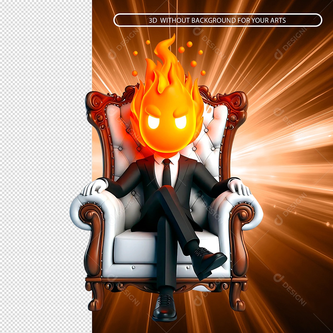 Personagem  de Fogo Sentado em Trono Elemento 3D Composição PSD