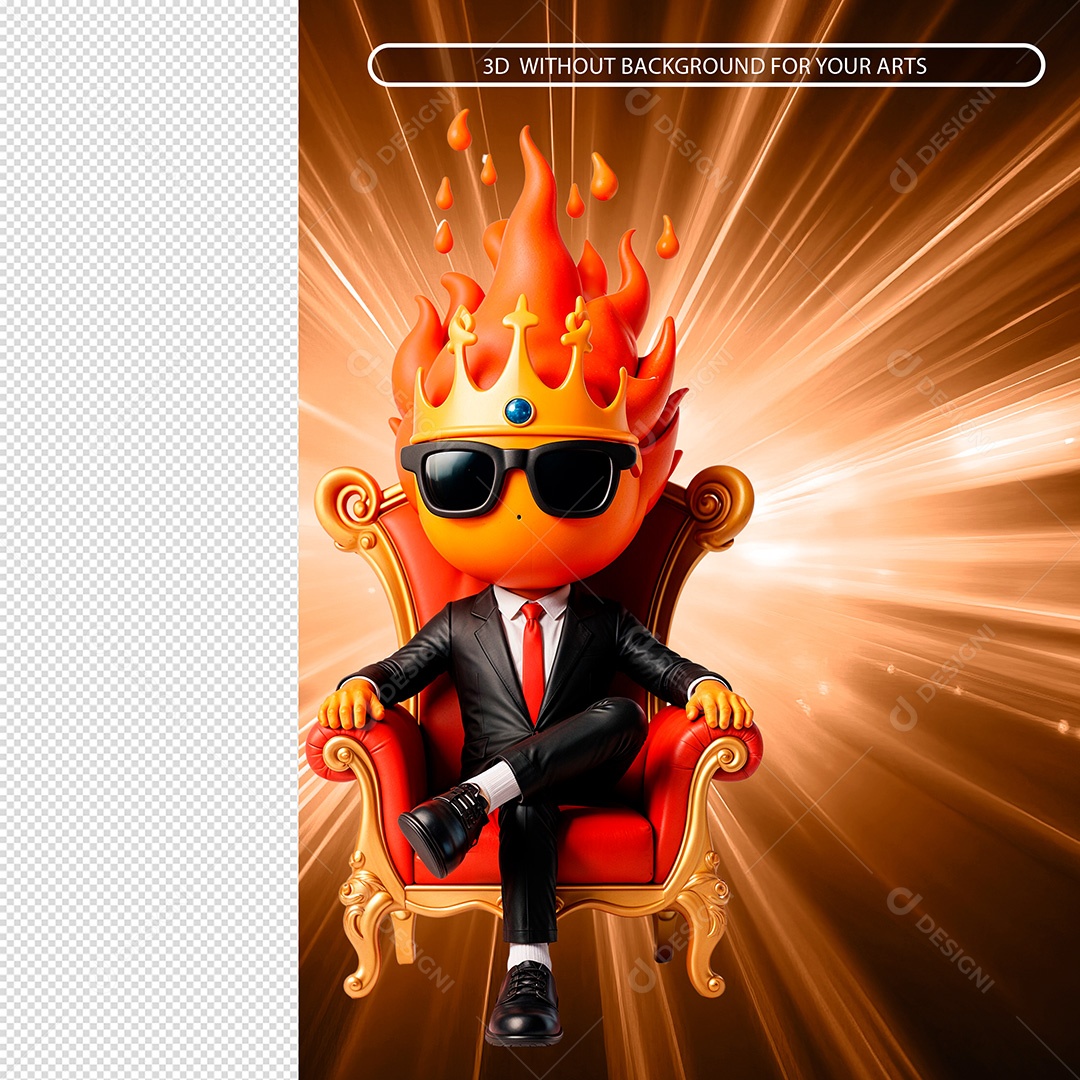 Personagem de Fogo Senado em Trono de Terno e Óculos Feliz Elemento 3D Composição PSD