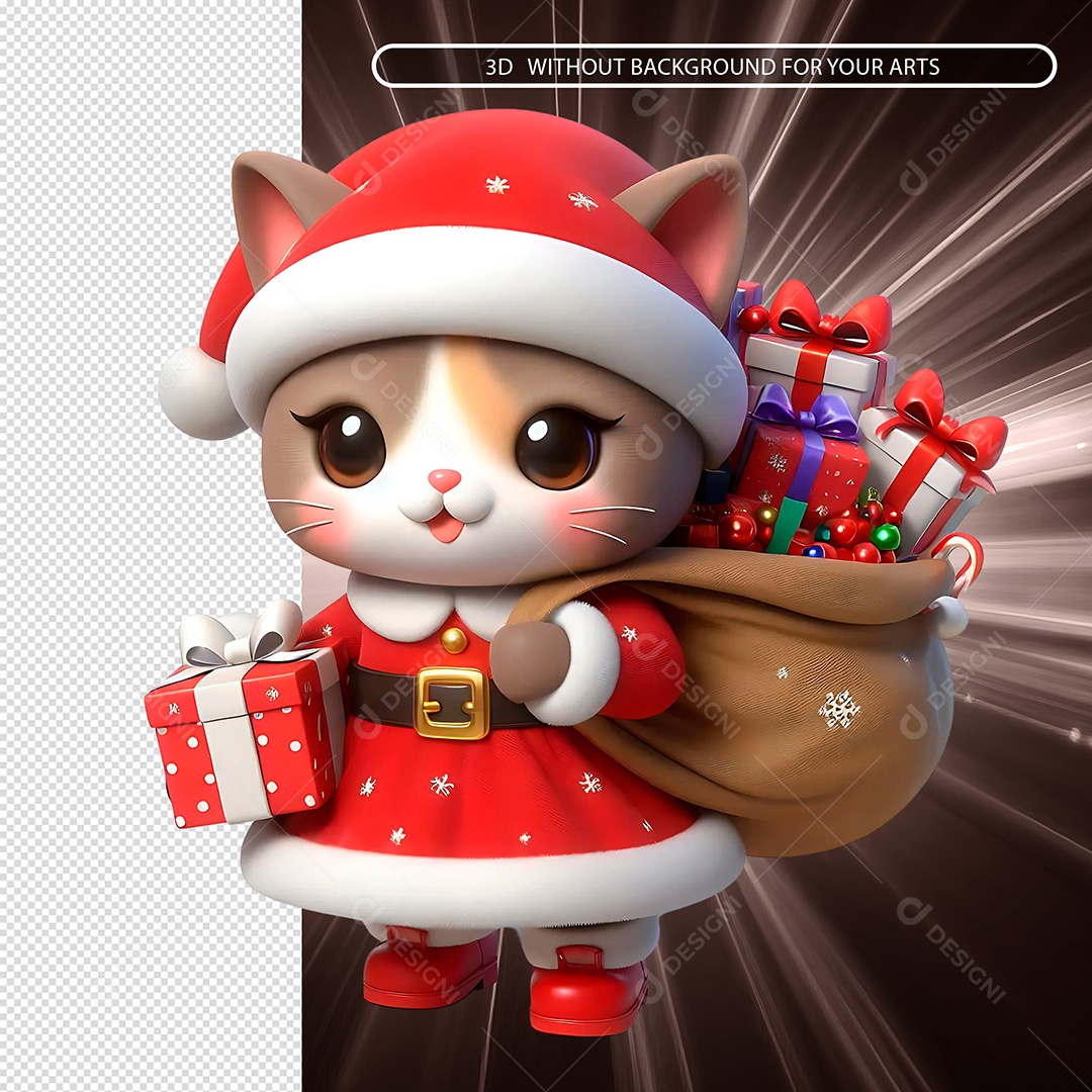 Elemento 3D Gata Vestido em Roupa de Natal com Saco de Presente para Composição PSD