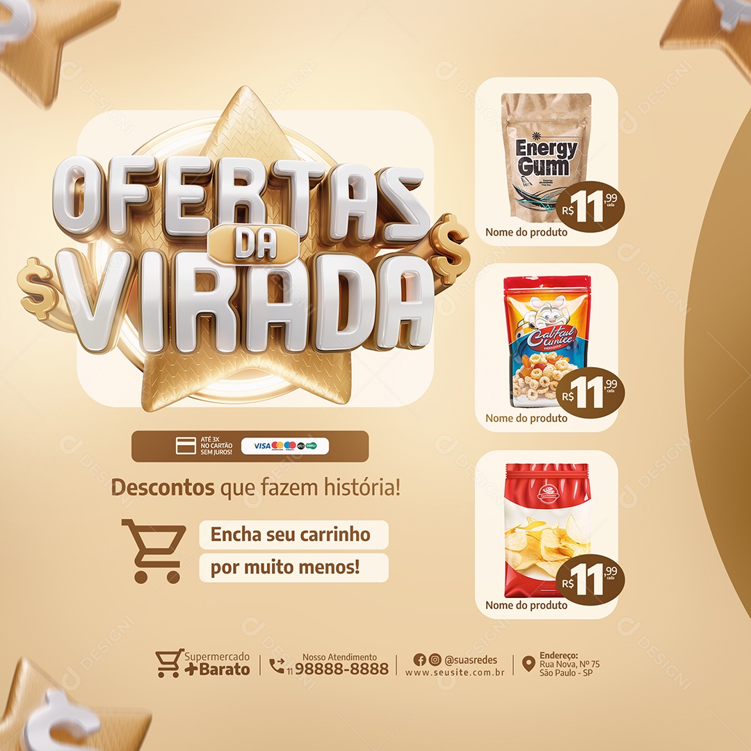 Ofertas da Virada Mercado Descontos que Fazem História Social Media PSD Editável