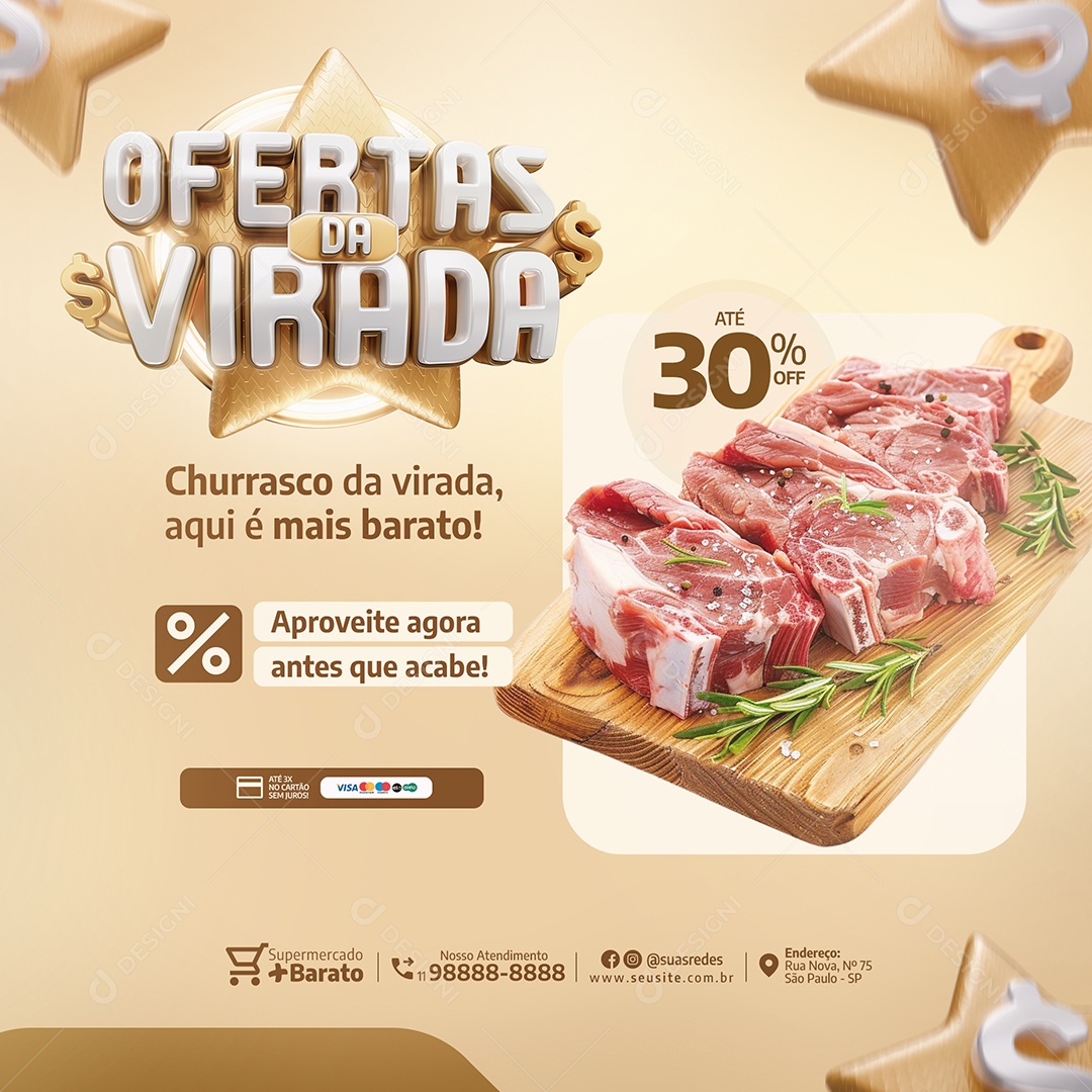 Ofertas da Virada Mercado Churrasco da Virada Carne Social Media PSD Editável