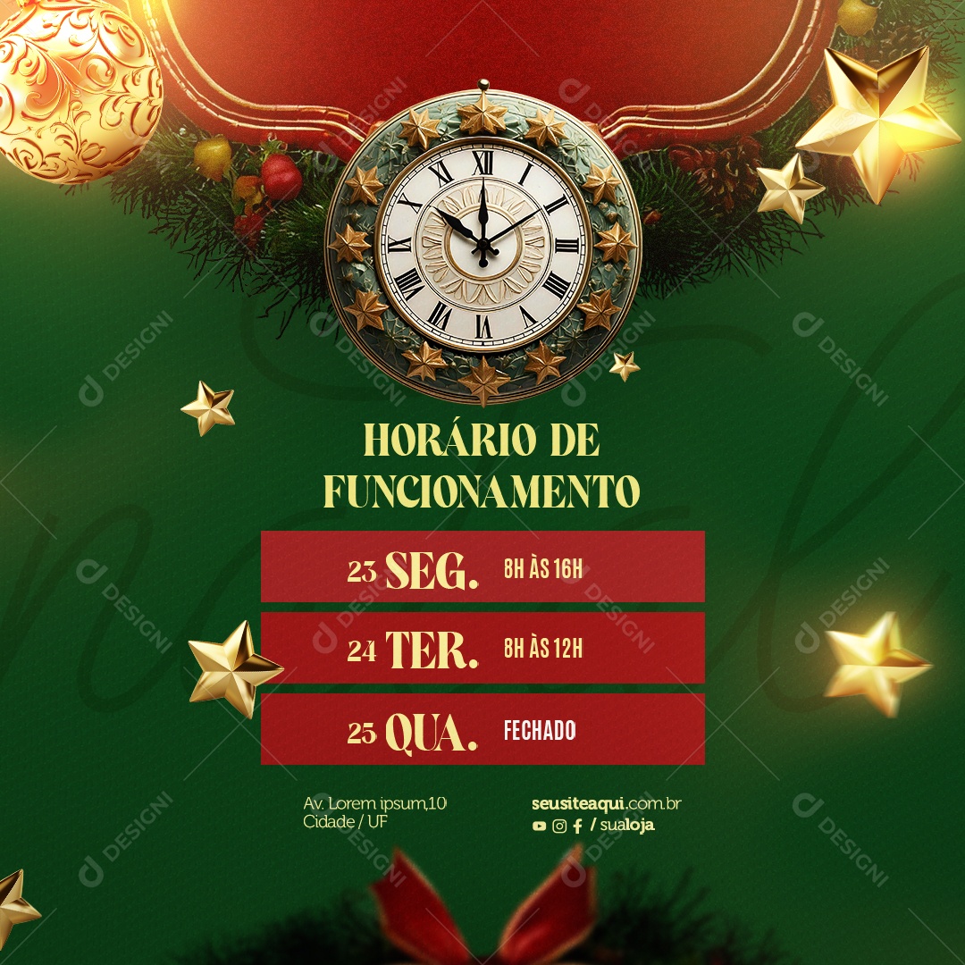 Horário Especial de Natal Funcionamento Social Media PSD Editável