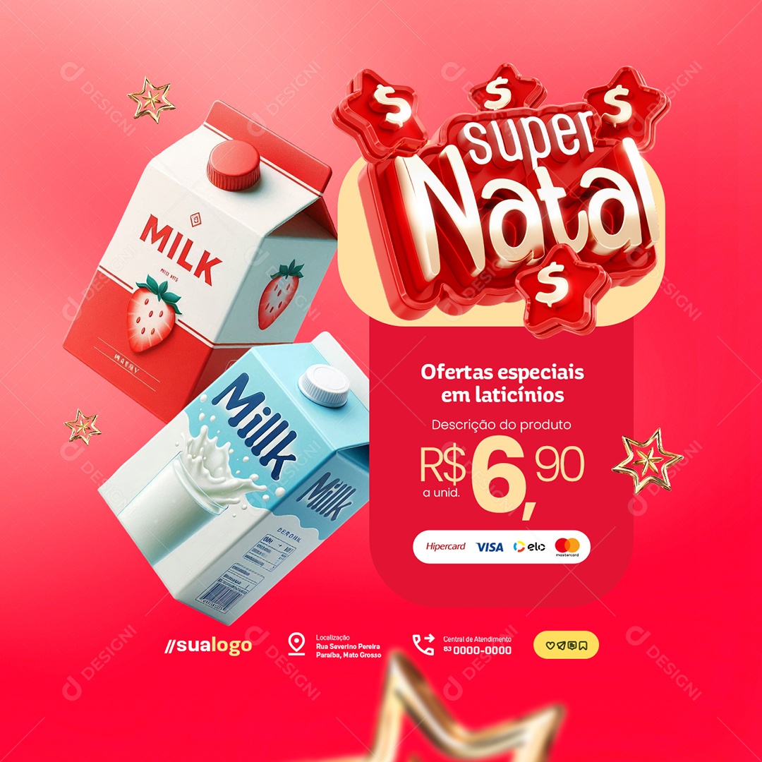 Super Natal Supermercado Leite de Caixa Ofertas Especiais em Laticínios Social Media PSD Editável