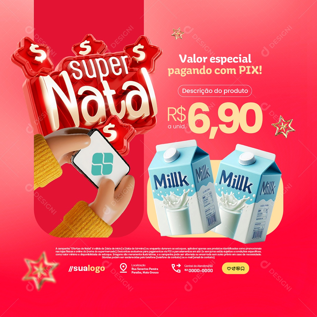 Super Natal Supermercado Leite de Caixa Valor Especial Social Media PSD Editável