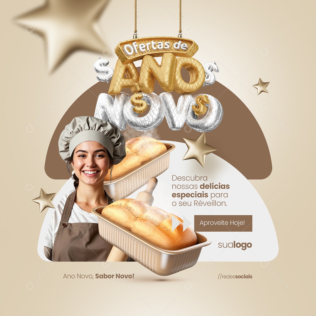 Ofertas de Ano Novo Padaria Descubra nossas Delícias Social Media PSD Editável