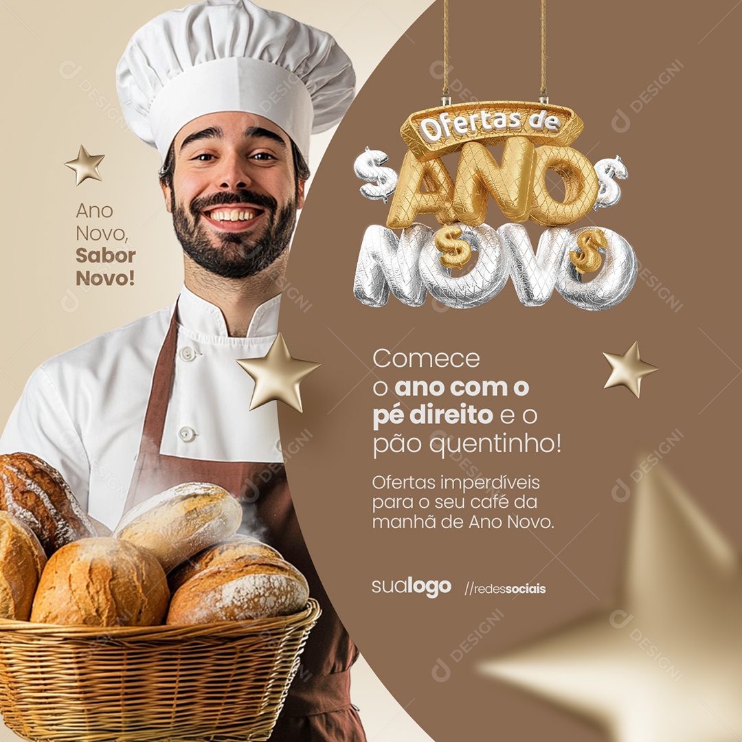 Ofertas de Ano Novo Padaria Comece o Ano Com o Pé Direito Social Media PSD Editável