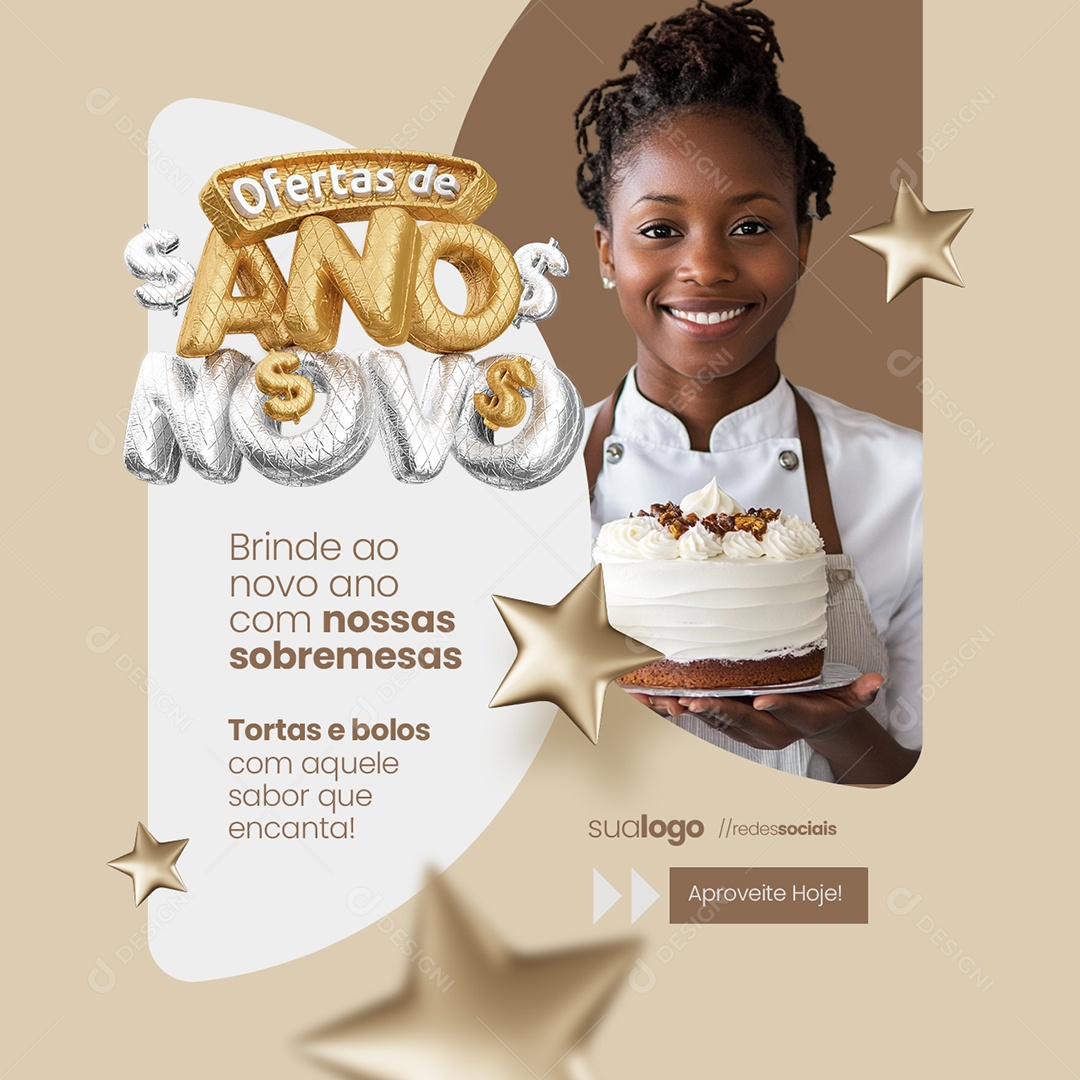 Ofertas de Ano Novo Padaria Tortas e Bolos Social Media PSD Editável