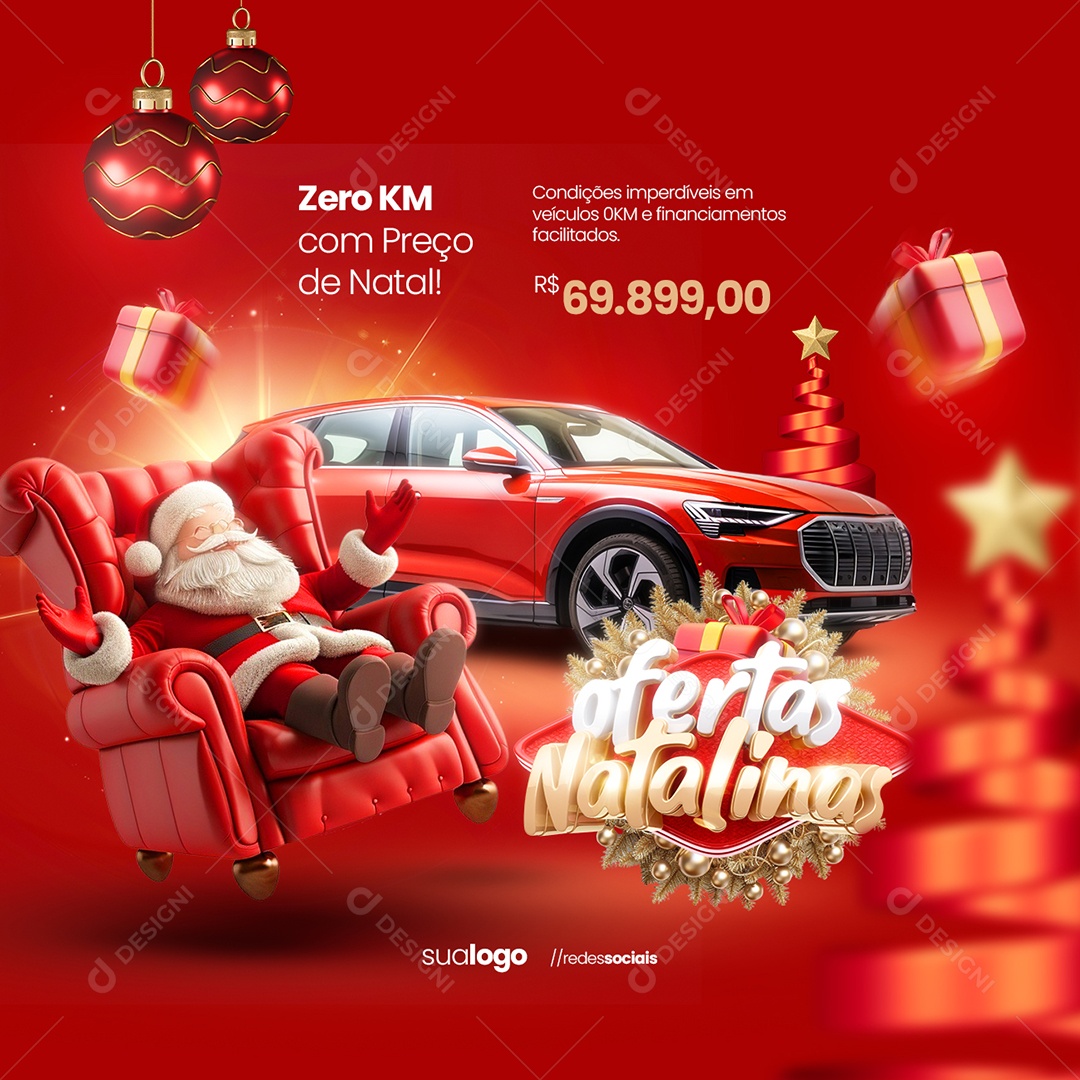 Ofertas Natalinas Concessionária Carro Zero KM com Preço de Natal Social Media PSD Editável