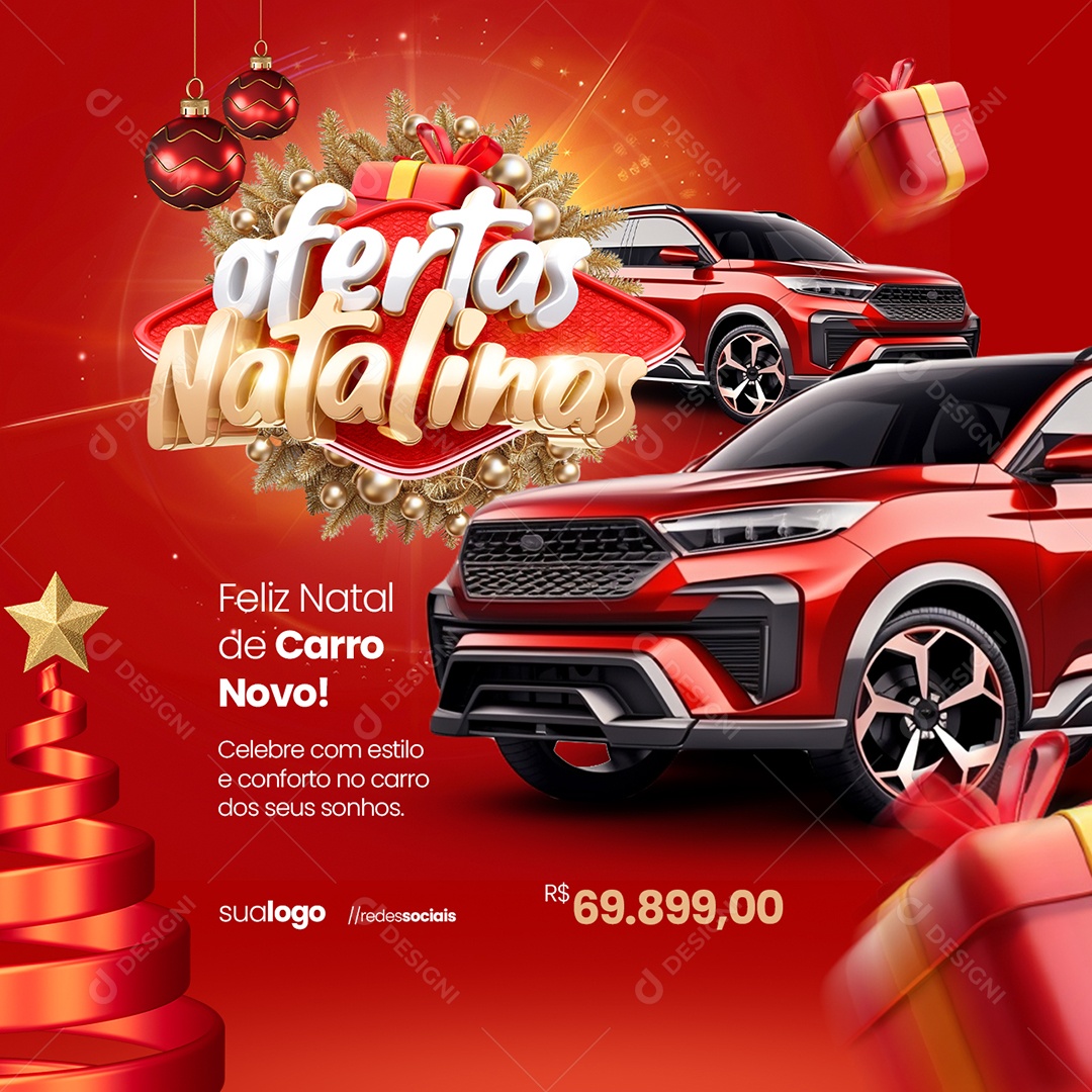 Ofertas Natalinas Concessionária Feliz Natal de Carro Novo Social Media PSD Editavel