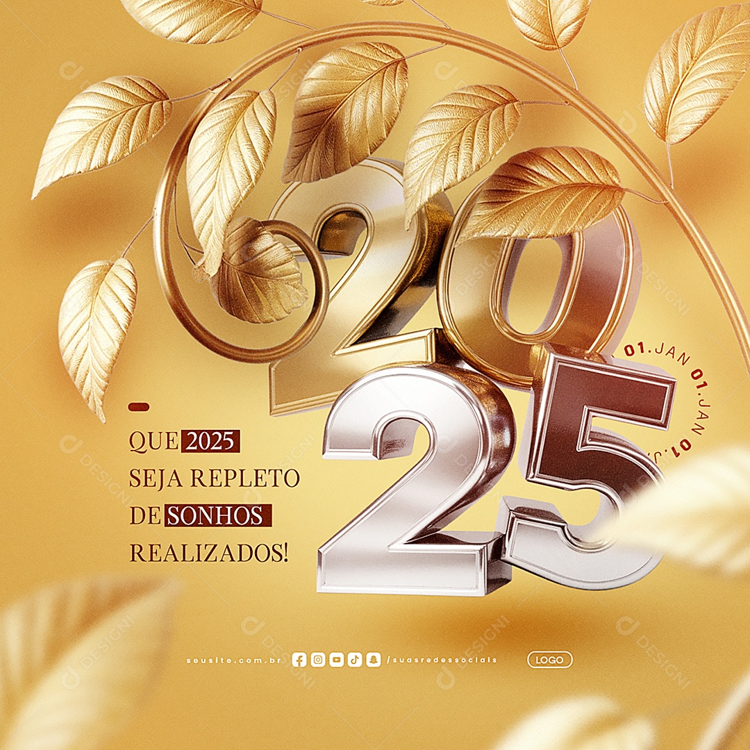 Feliz 2025 Ano Novo 01 de Janeiro Social Media PSD Editável