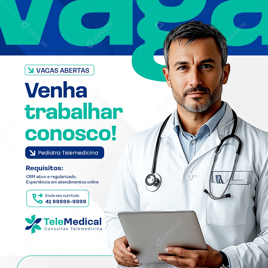 Vaga de Emprego Pediatra Telemedicina Social Media PSD Editável