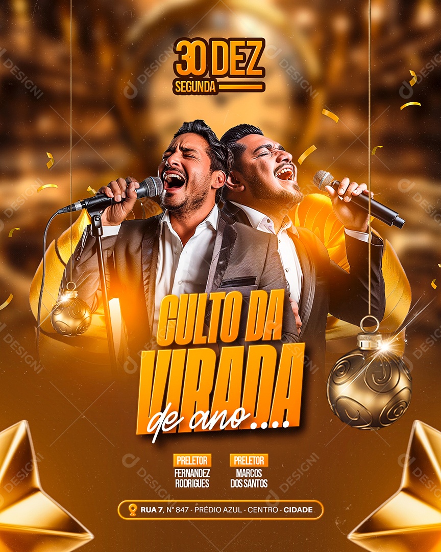 Flyer Gospel Culto da Virada de Ano Social Media PSD Editável