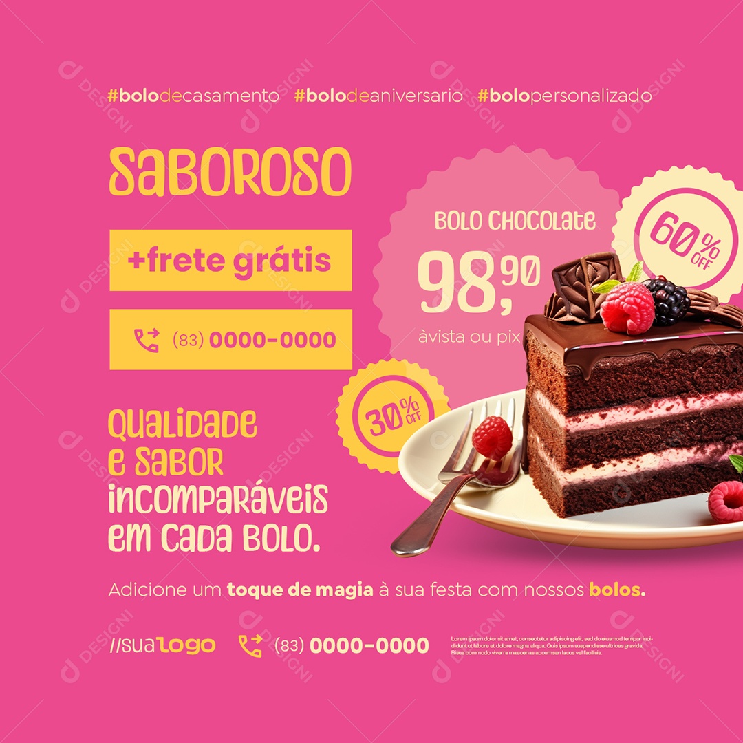 Boleira Bolo Chocolate 60% Off Social Media PSD Editável