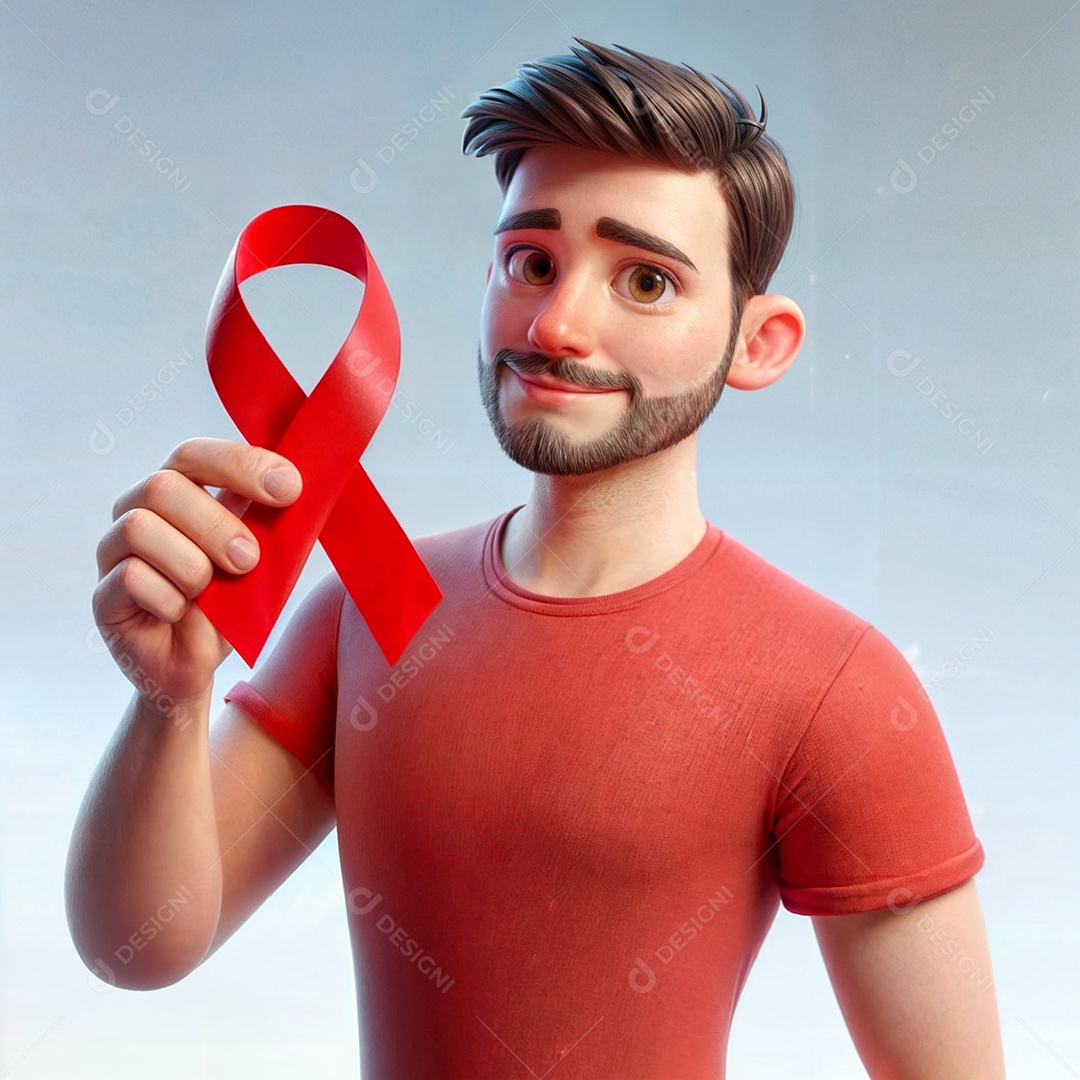 Homem  de camiseta vermelha segurando uma fita vermelha em 3D