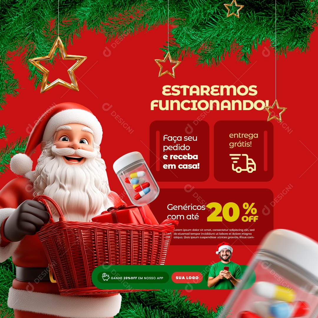Farmácia Natal Estaremos Funcionando Social Media PSD Editável