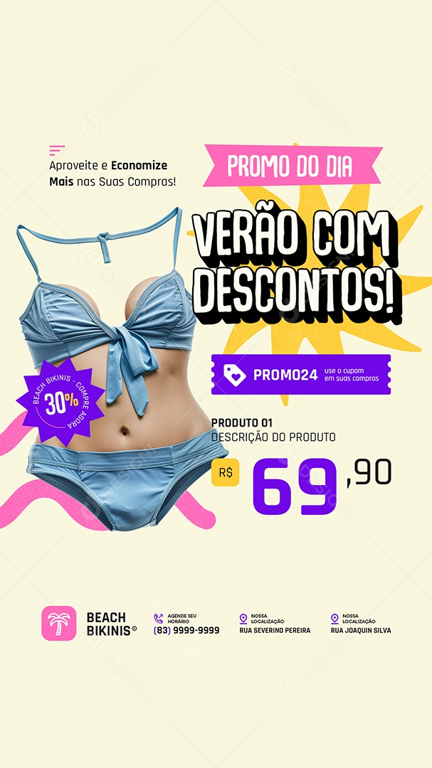 Story Moda Praia Promo do Dia Verão com Descontos Biquinis Social Media PSD Editável