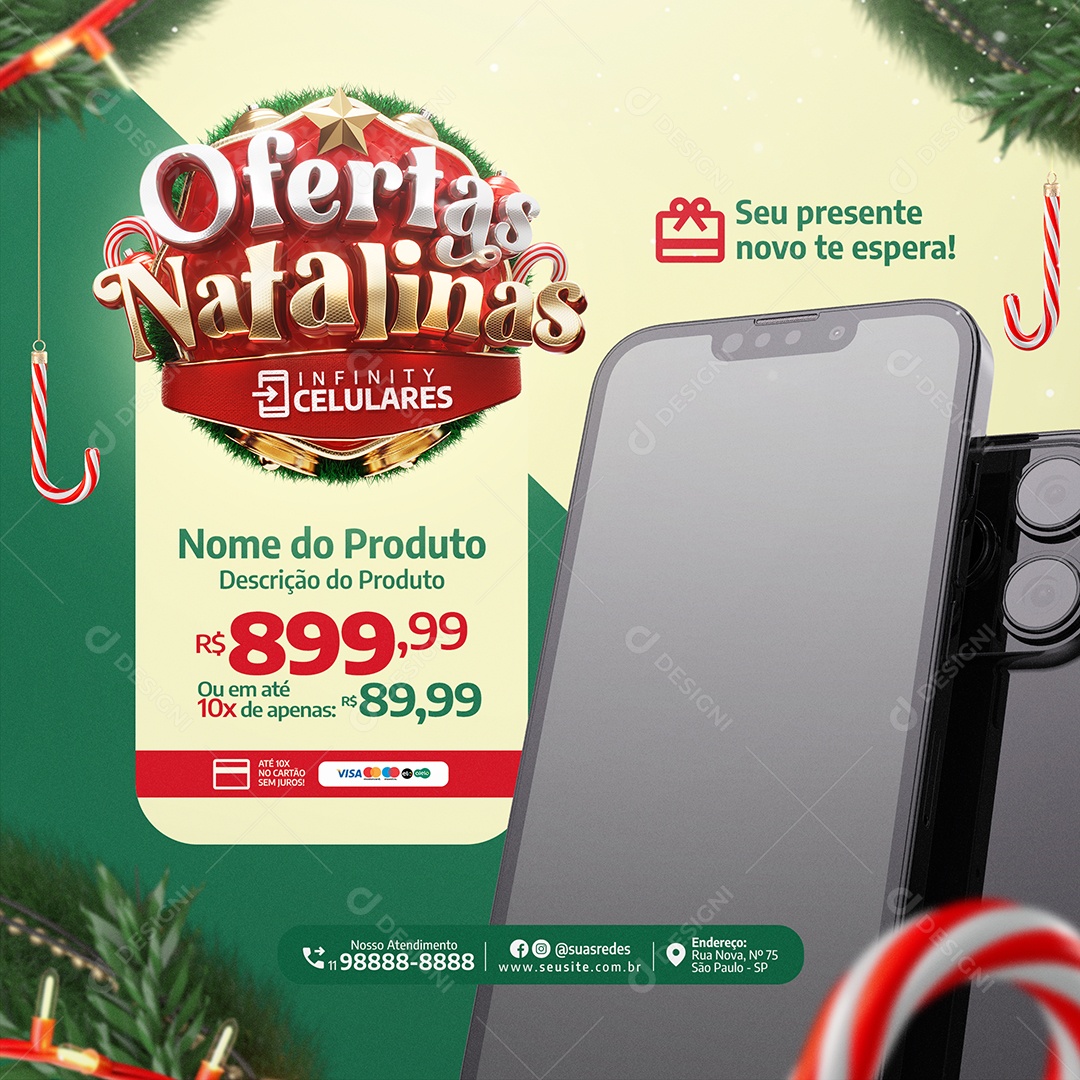 Ofertas Natalinas Loja de Celular Seu Presente Novo te Espera Social Media PSD Editável