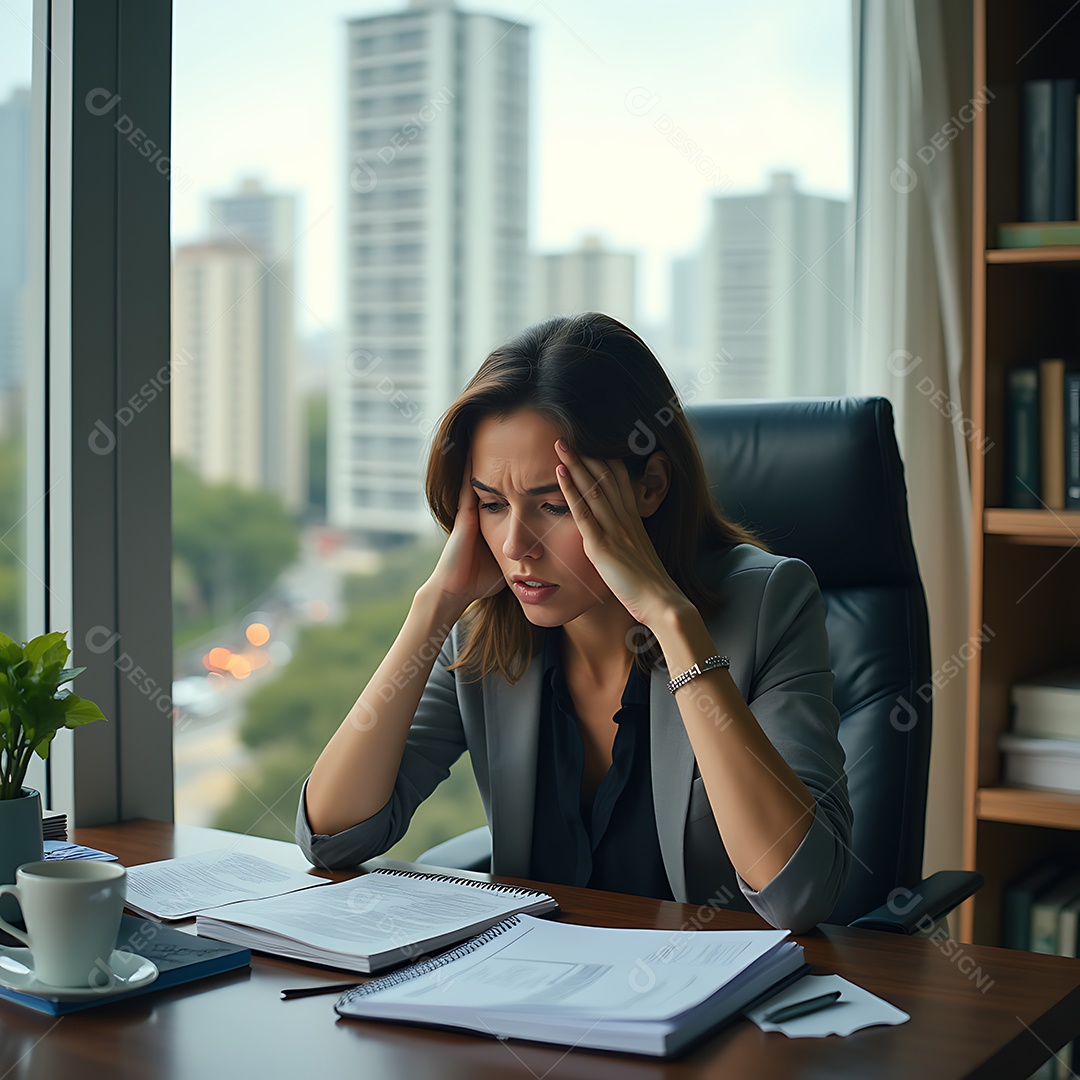 Bela mulher exausta com as mãos na cabeça sentada sobre a mesa de um escritório
