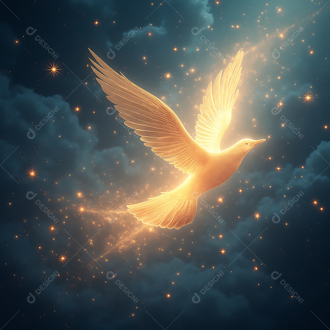 Belo pássaro dourado do espirito santo voando sobre o céu