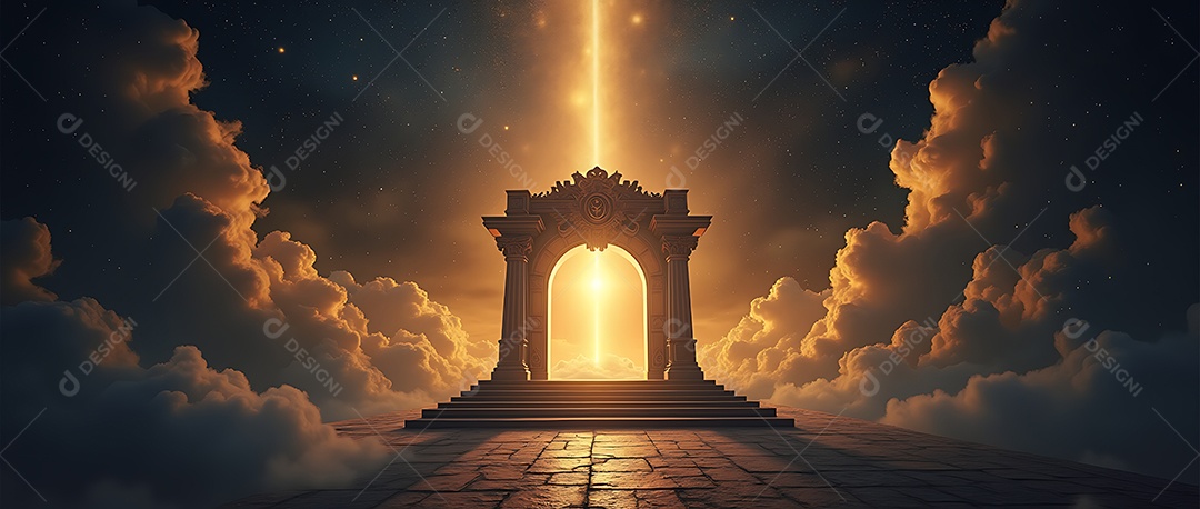 Portas celestiais de alegria e felicidade sobre fundo do reino divino