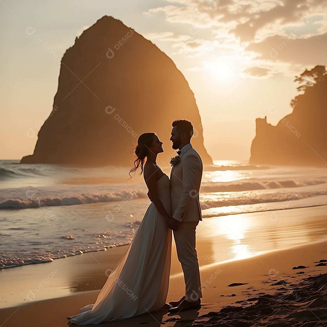 Lindo casal se casando em uma praia ao pôr do sol