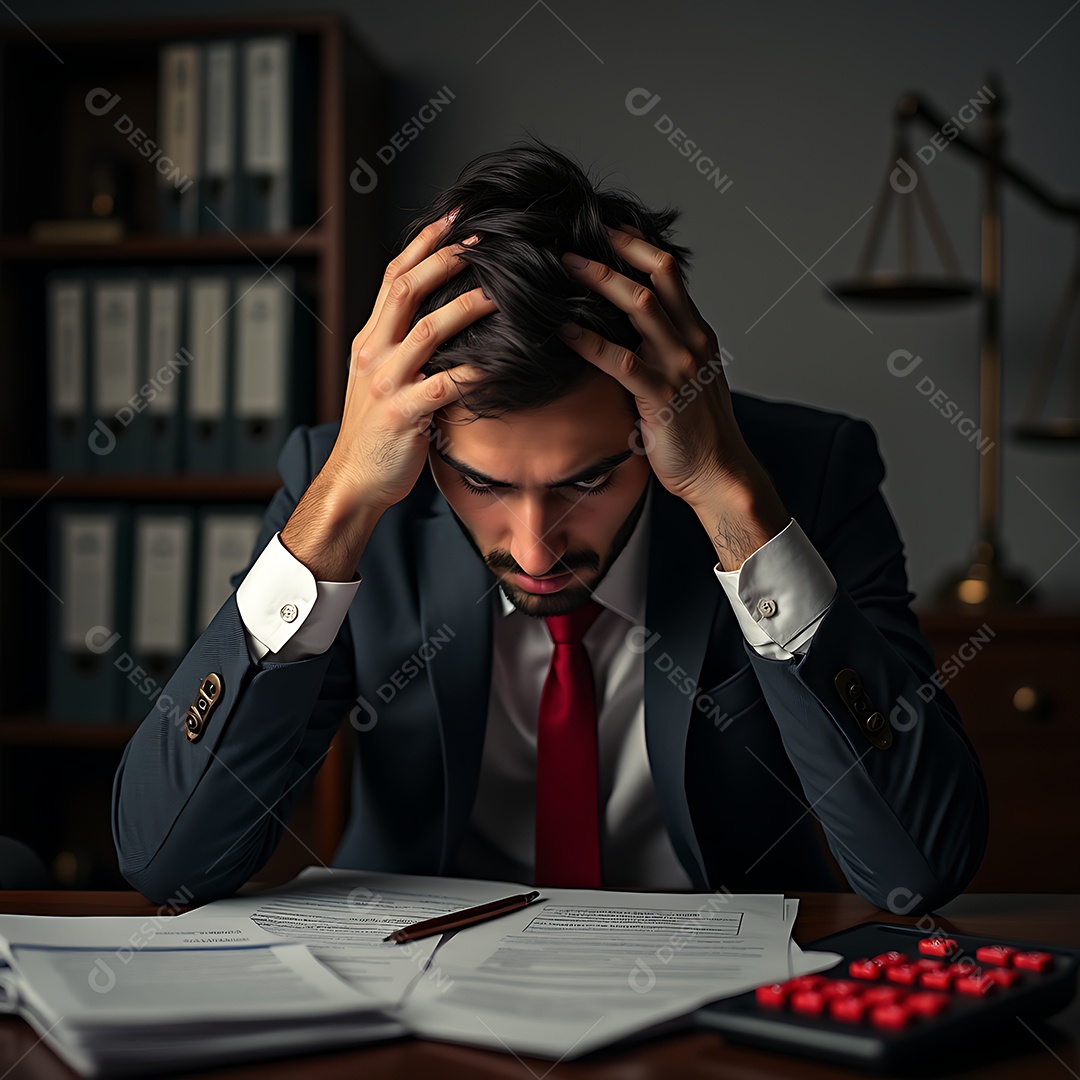 Belo empresário olhando bloco de notas com a expressão de cansado