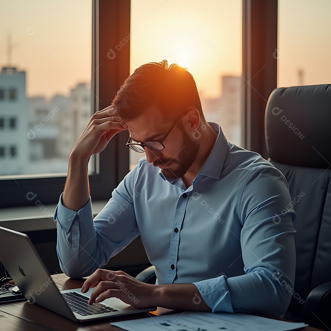 Belo empresário mechendo em leptop com a expressão de cansado