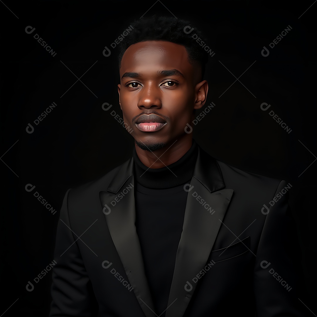 Belo homem negro de roupas preta fazendo pose sobre fundo isolado