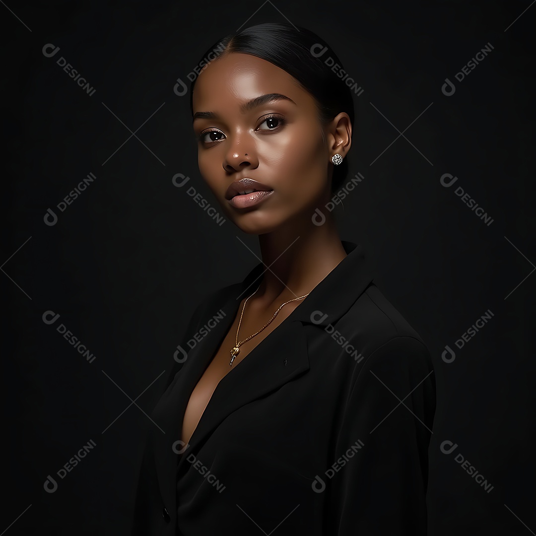 Bela mulher morena de roupas preta fazendo pose sobre fundo isolado