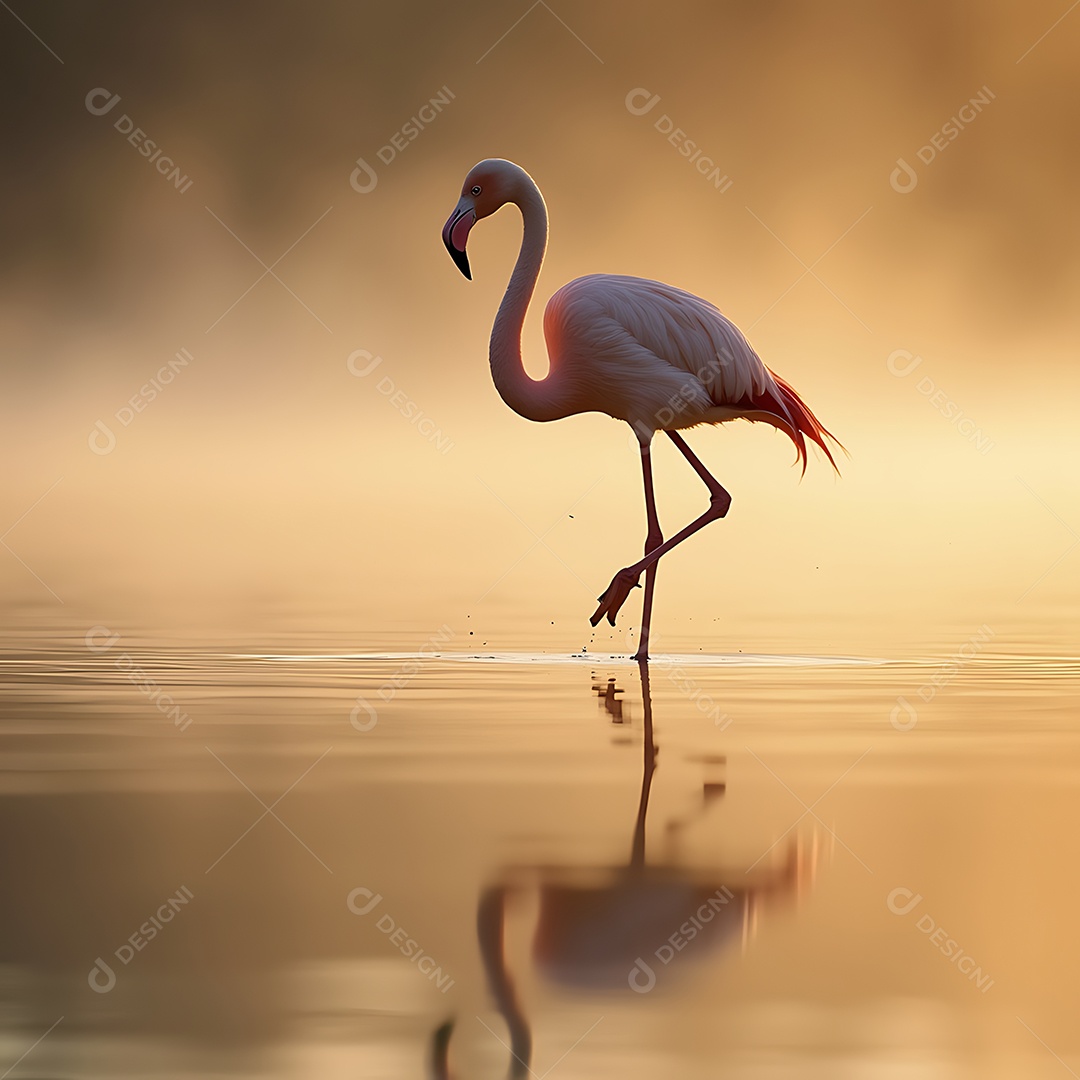 Belo flamingo rosa em um rio sobre fundo nublado
