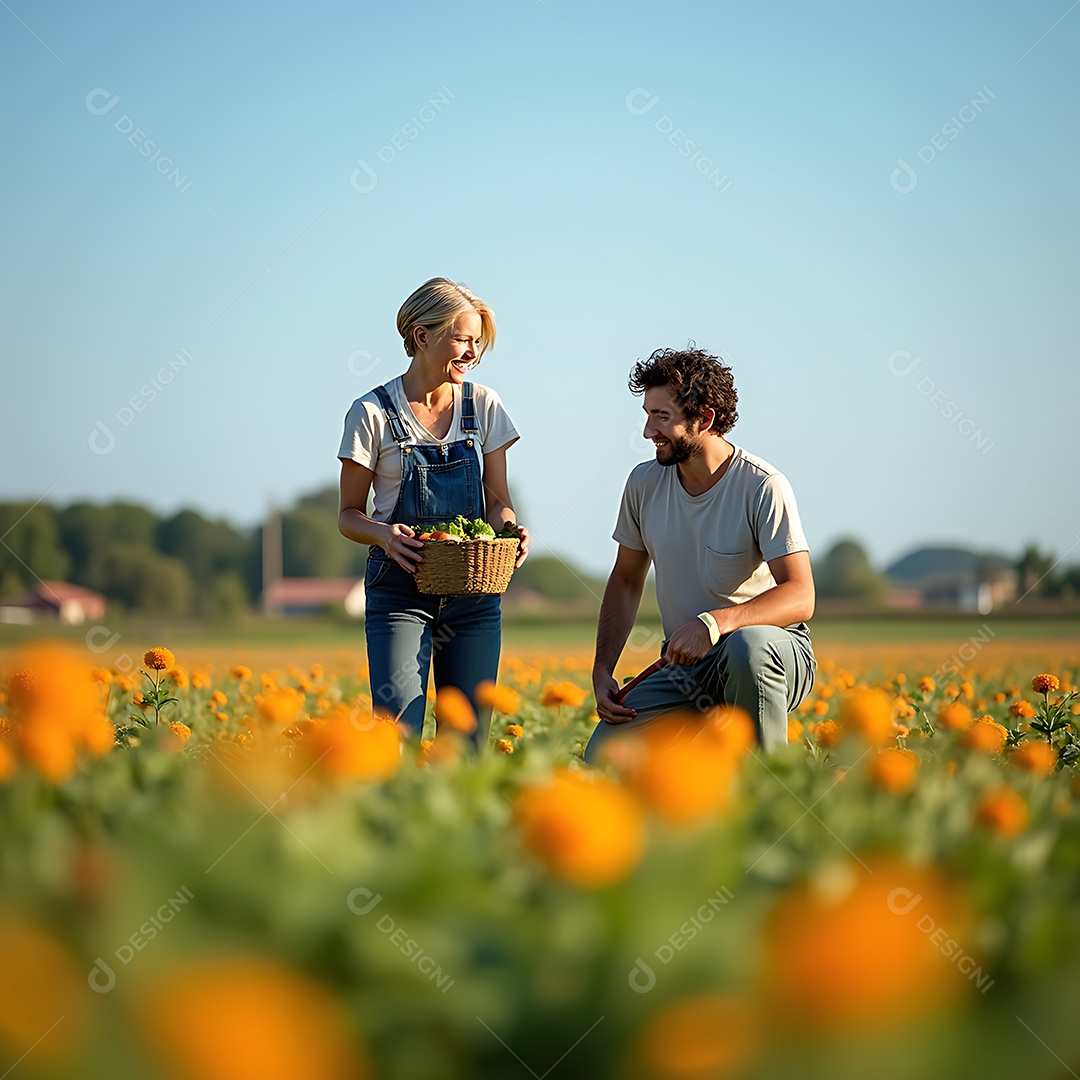 Homem e mulher pegam flores na fazenda ao ar livre