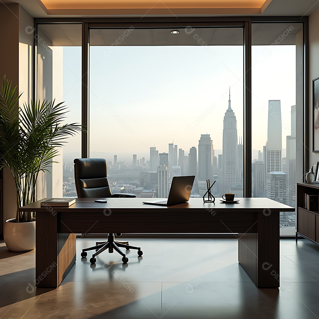 Lindo escritório vazio mesa de trabalho leptop sobre fundo de paisagem urbana