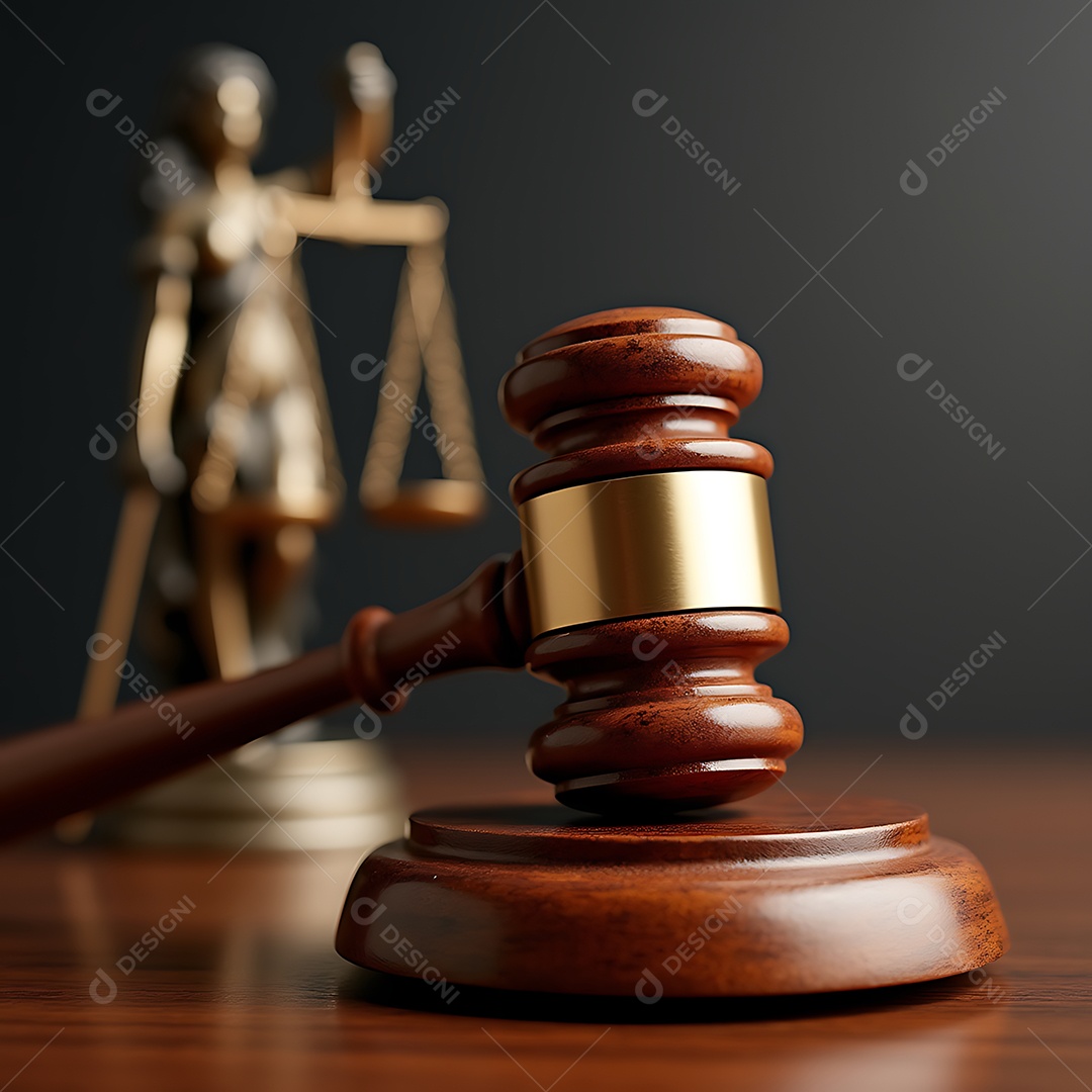 Belo martelo de juiz sobre mesa de madeira