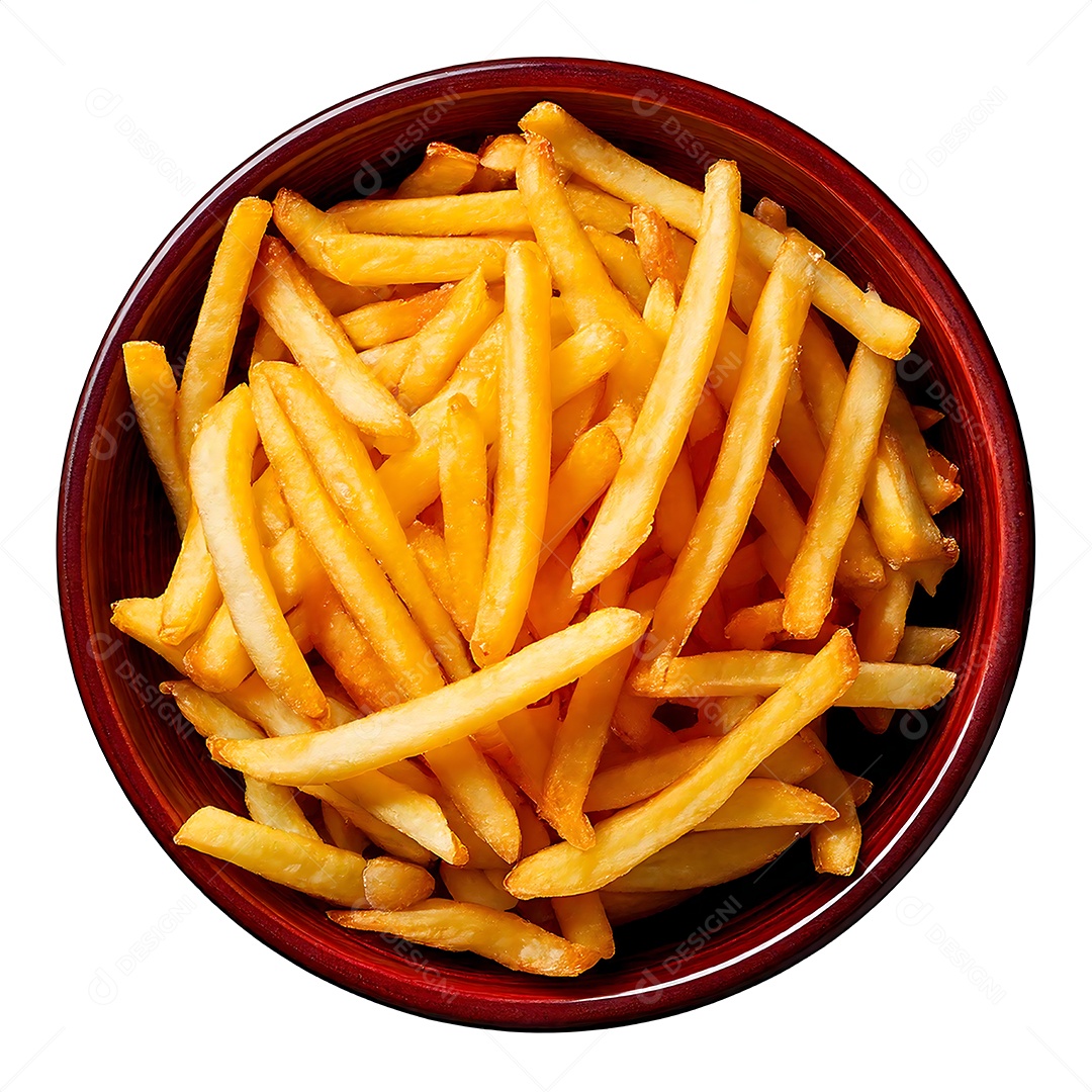 Belas batatinhas frintas em tijela sobre fundo branco isolado