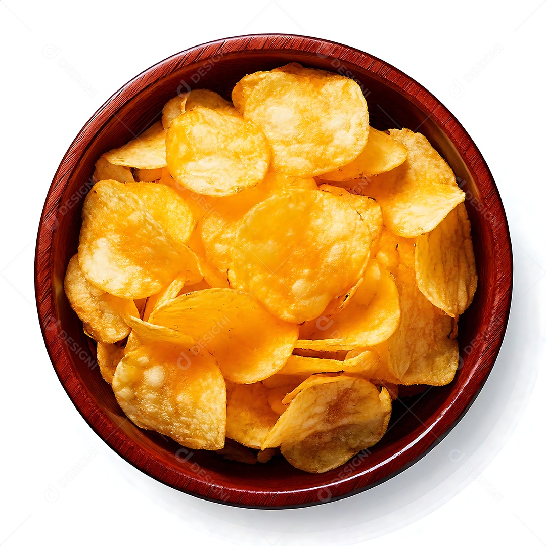 Belas batatinhas frintas em tijela sobre fundo branco isolado