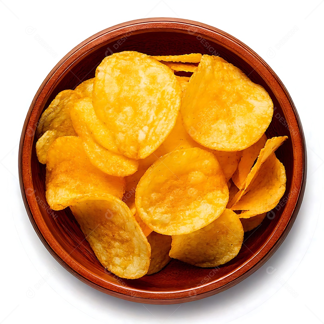 Belas batatinhas frintas em tijela sobre fundo branco isolado