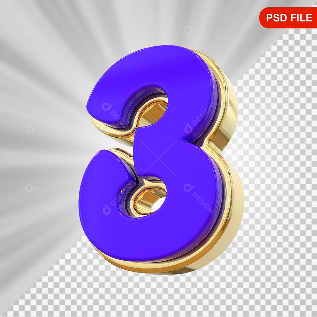Número 3 Elemento 3D Colorido Para Composição PSD