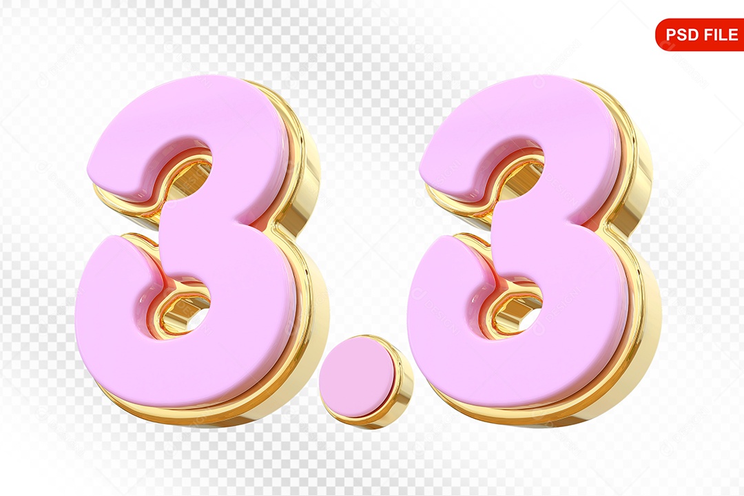 Número 3.3 Elemento 3D Rosa Para Composição PSD