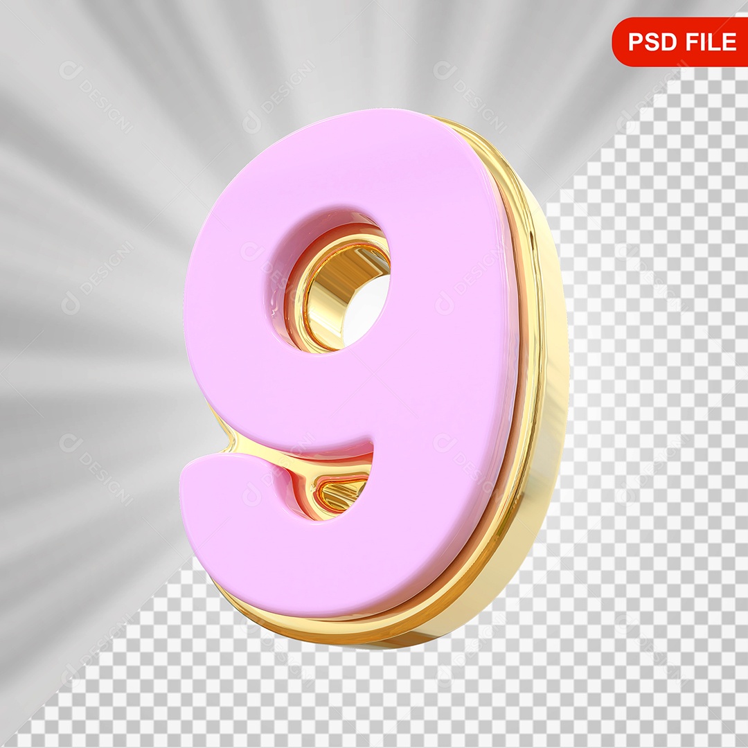 Número 9 Elemento 3D Rosa Para Composição PSD