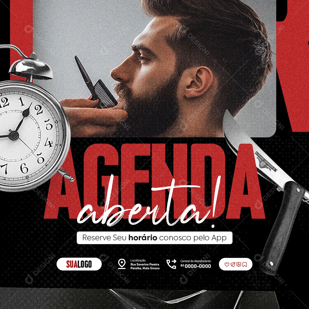 Barbearia Agenda Aberta Social Media PSD Editável