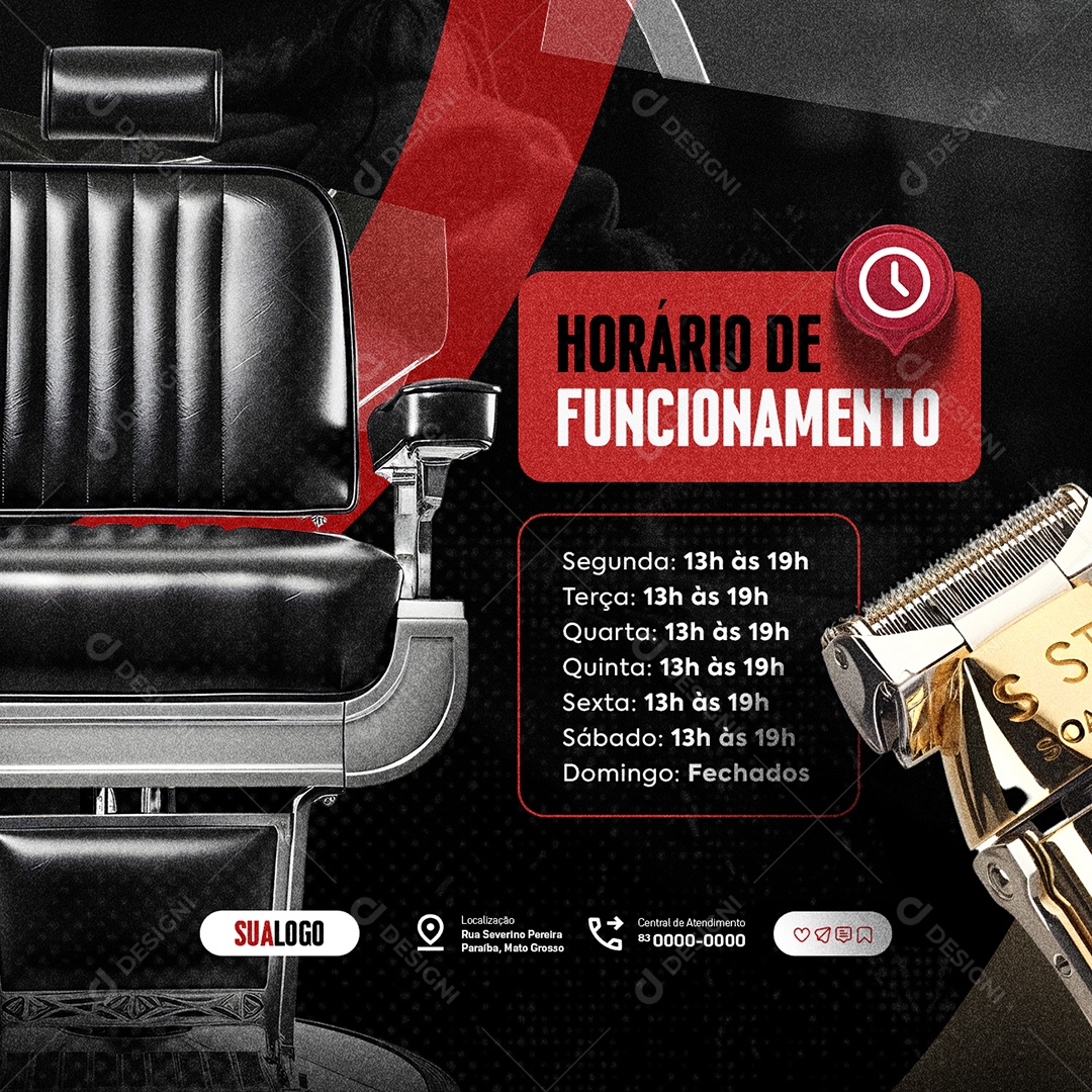Barbearia Horário de Funcionamento Social Media PSD Editável