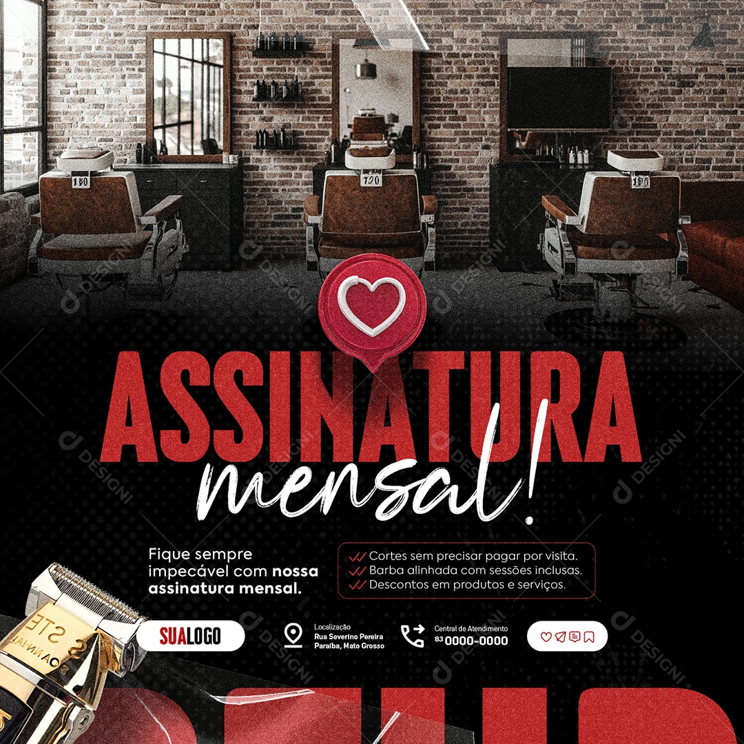 Barbearia Assinatura Mensal Social Media PSD Editável