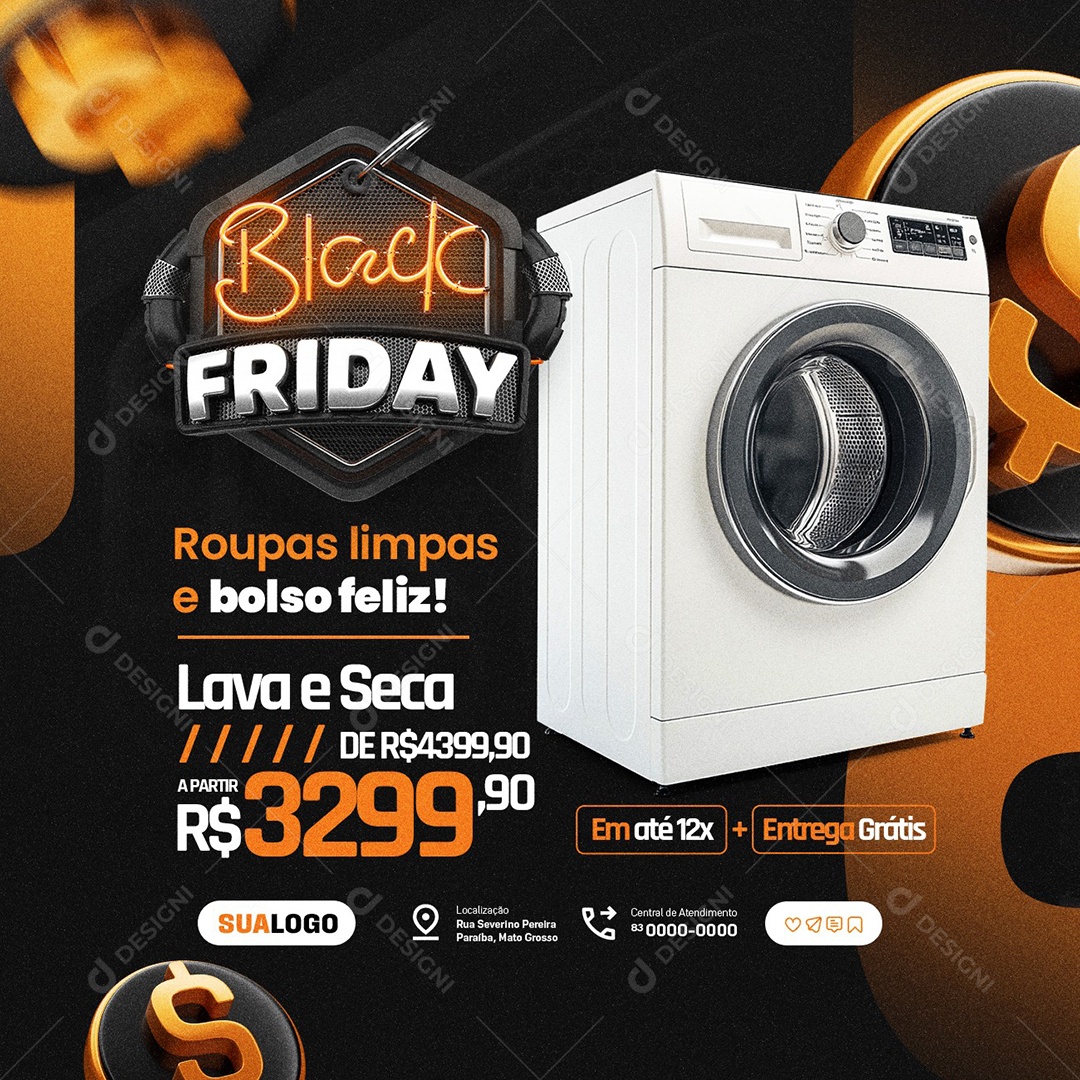 Eletrodomésticos Black Friday Roupas Limpas e Bolso Feliz Social Media PSD Editável