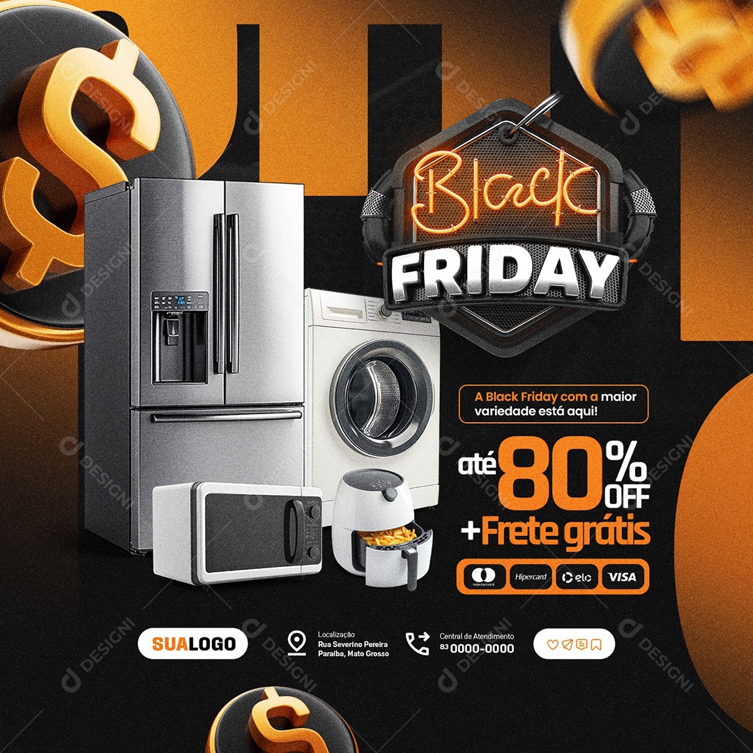 Eletrodomésticos Black Friday Até 80% OFF Social Media PSD Editável