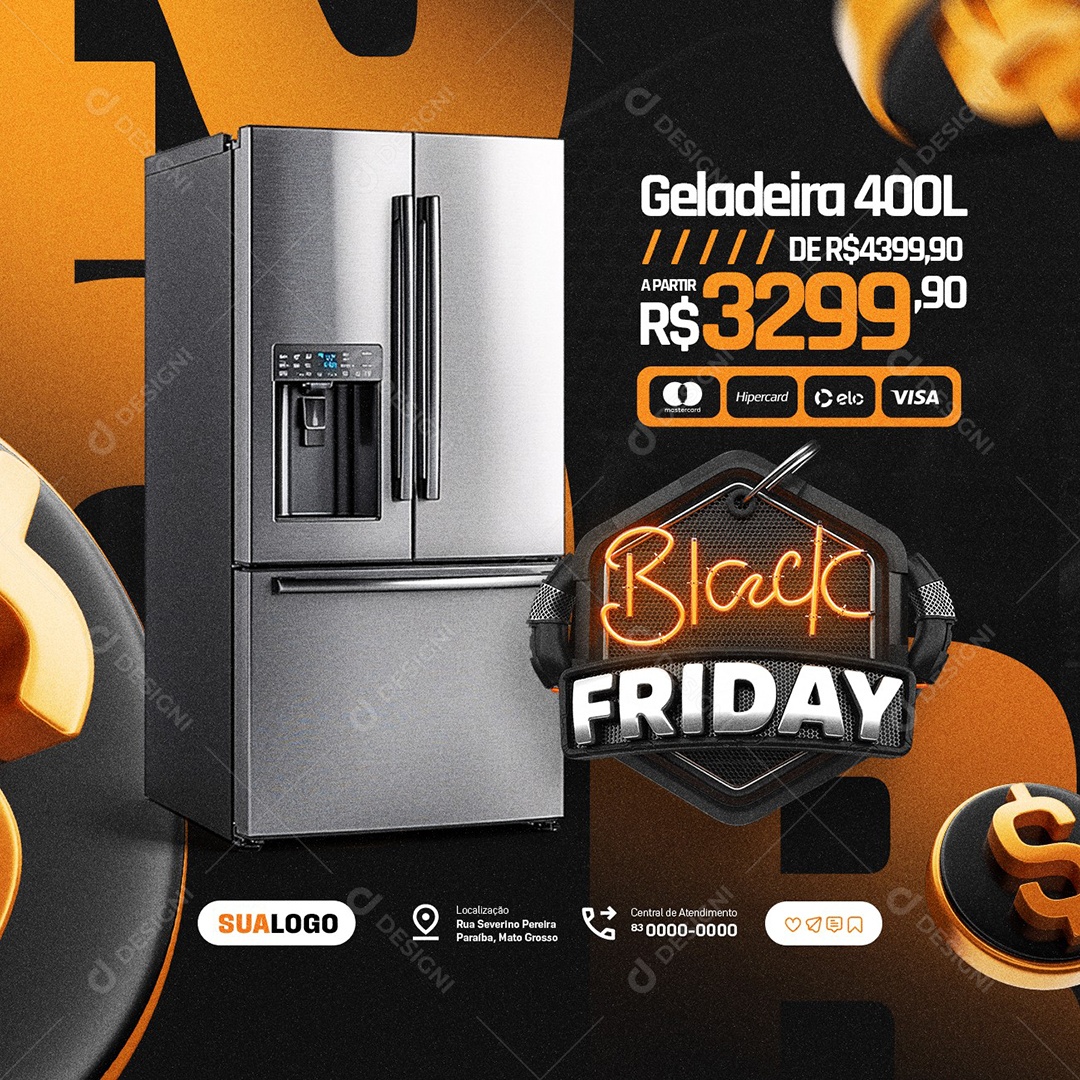 Eletrodomésticos Black Friday Geladeira Social Media PSD Editável