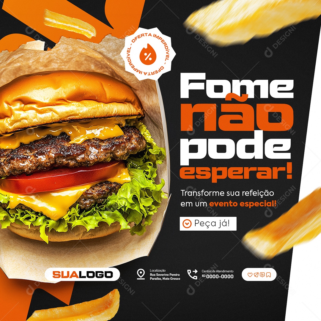 Hamburgueria Fome Não Pode Esperar Social Media PSD Editável