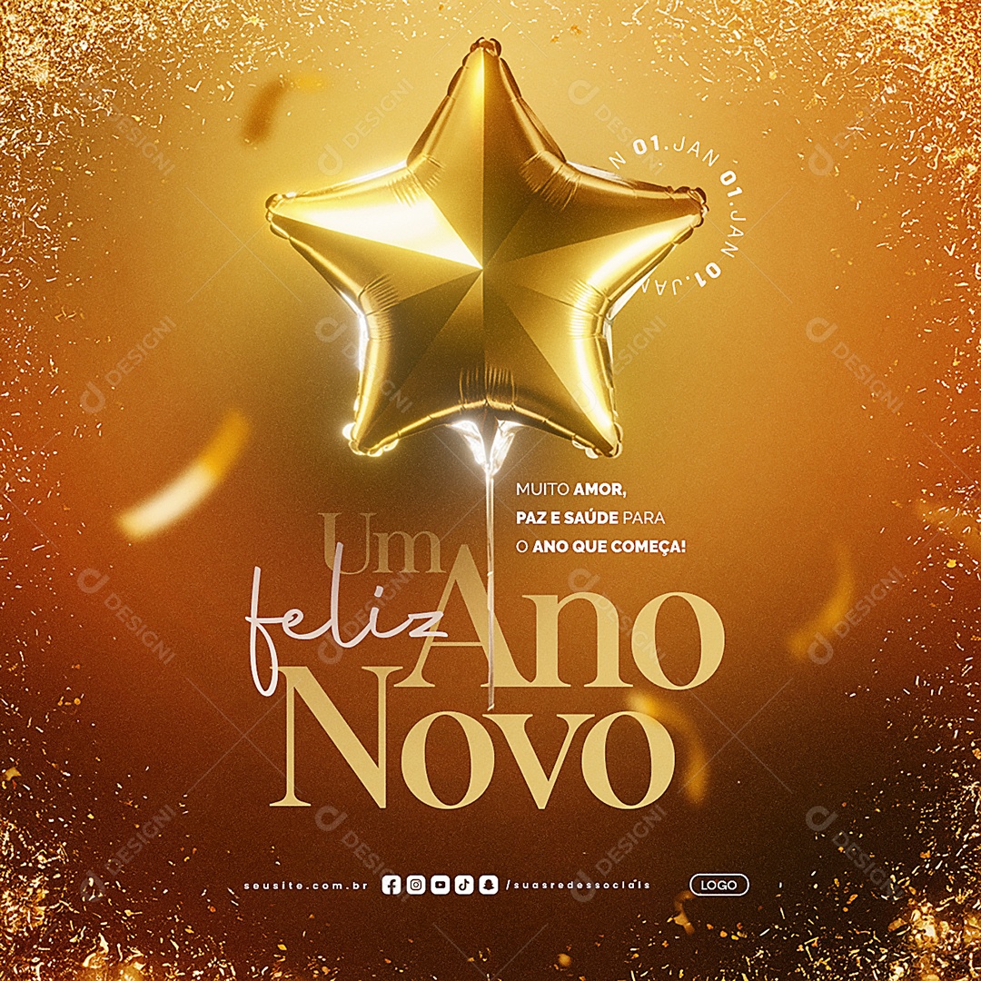 Um Feliz Ano Novo 01 de Janeiro Muito Amor Social Media PSD Editável