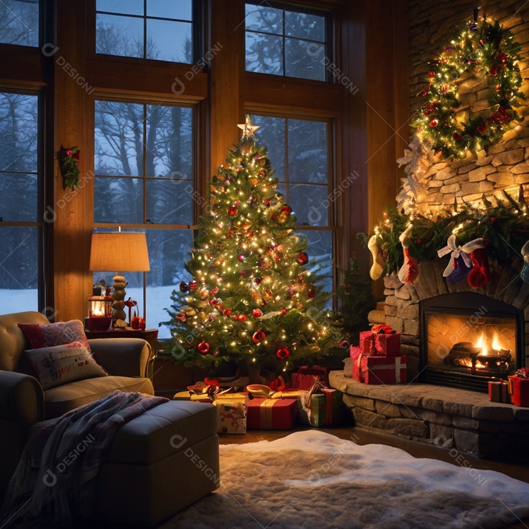 Linda sala de estar moderna e comfortável com decorações natalina