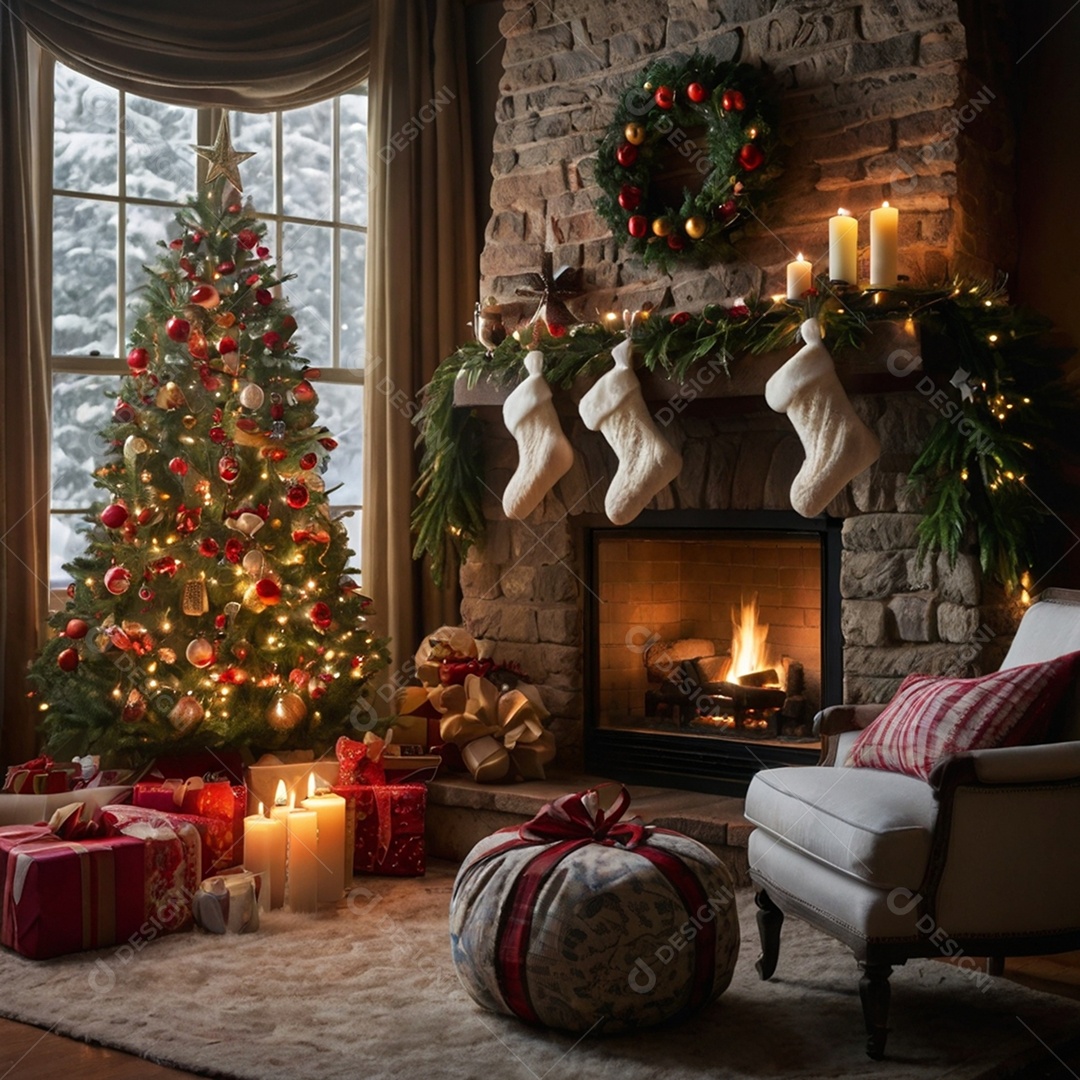 Linda sala de estar moderna e comfortável com decorações natalina